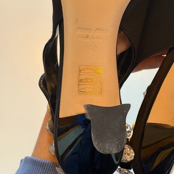 Miu Miu Black Satin Swarovski Crystal Embellished Slingback Kitten Heel Luxury - Picture 12 of 15